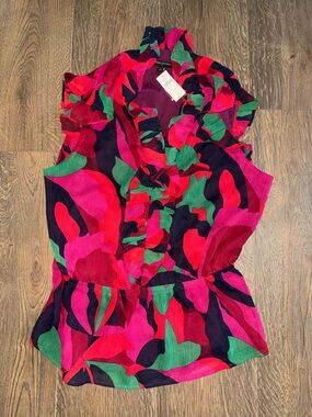 Banana Republic Sleeveless Ruffle V-Neck Top in Red, Pink & Green